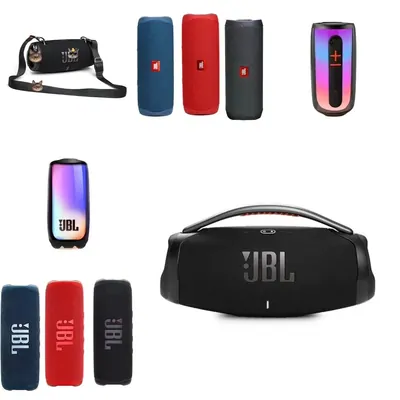 Four portable Bluetooth speakers of different sizes on white, one with a lit colour panel