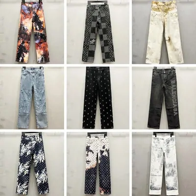 Nine pairs of denim and printed trousers laid flat in a grid, several with all-over patterns