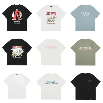 Nine short-sleeve tees in a three by three grid, mostly white and pastel with small chest prints