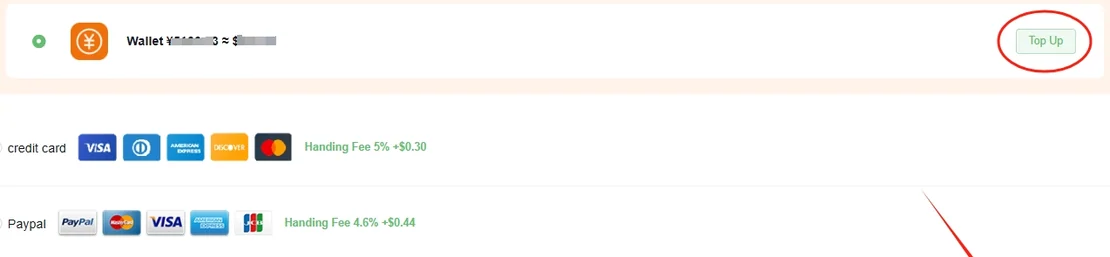 Payment rows on the checkout screen: a balance option with a redacted wallet figure and a Top Up control, a credit card row with card logos and a handling fee of 5% plus 30 cents, and a PayPal row with a handling fee of 4.6% plus 44 cents