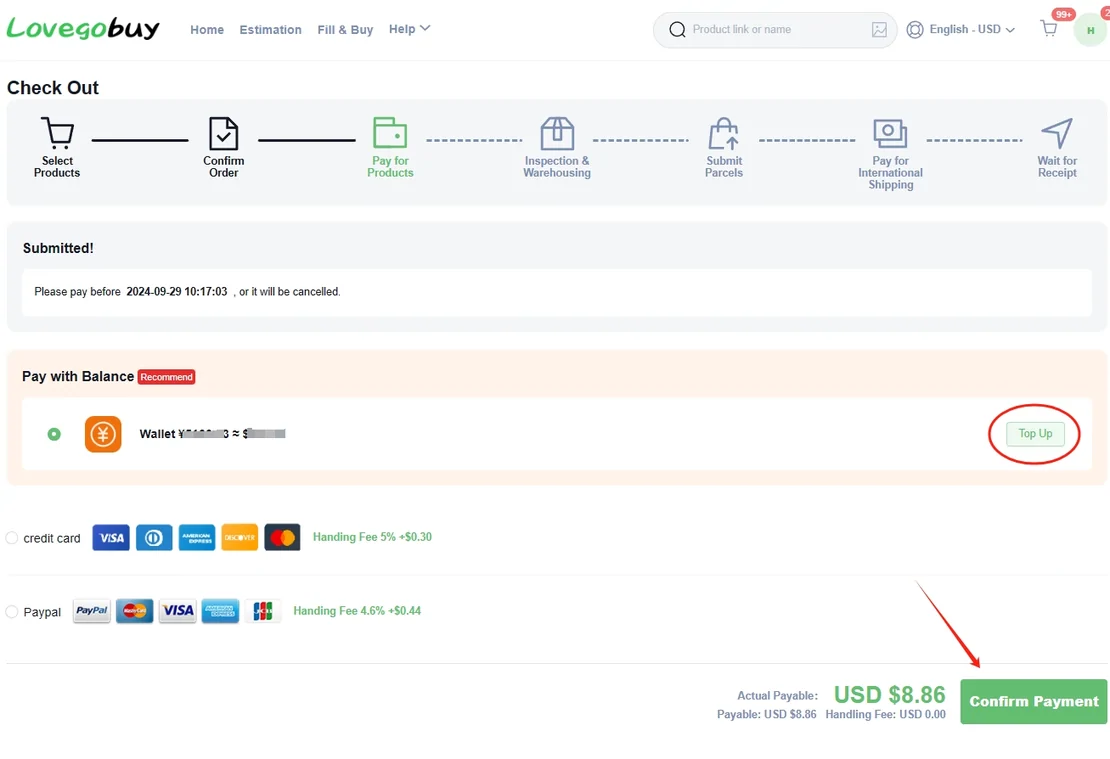 Check Out page for the item payment showing a submitted notice, a pay-before deadline, a balance option with a blurred wallet, credit card and PayPal rows with handling fees, and an actual payable total
