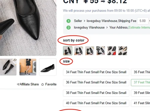LoveGoBuy order screen with colour and size selectors circled