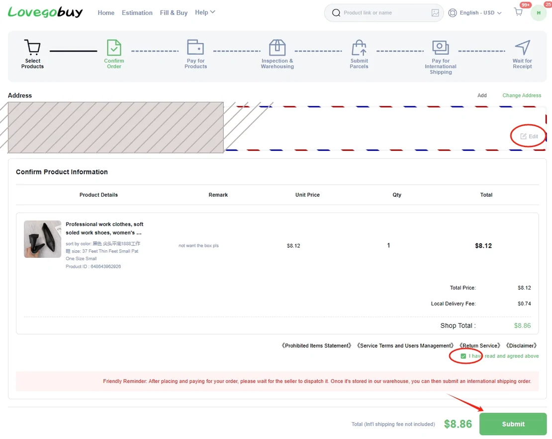 Confirm Order page with the seven-step strip across the top, a redacted address card, a product table with unit price and total, four bracketed agreement links with a tick box, a pink reminder panel and a green Submit button