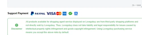 Green disclaimer panel on the product page stating that products available for the shopping agent service come from third-party platforms, with a tick box beneath it