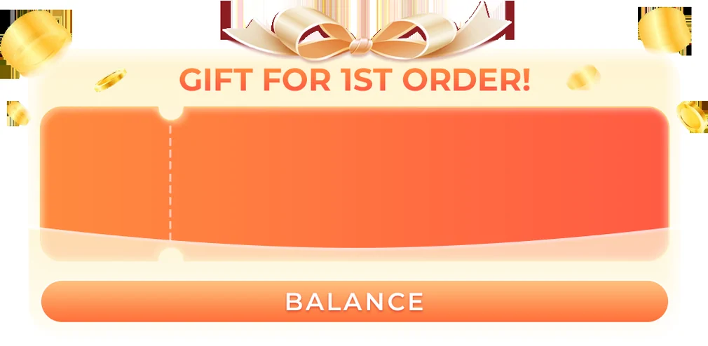 Orange first-order popup artwork with an empty coupon shape, gold coins and a button labelled Balance