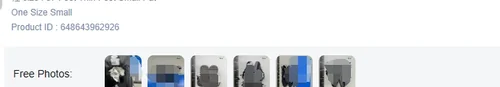 A warehouse line labelled Free Photos followed by six small inspection photographs of the same pair of shoes from different angles