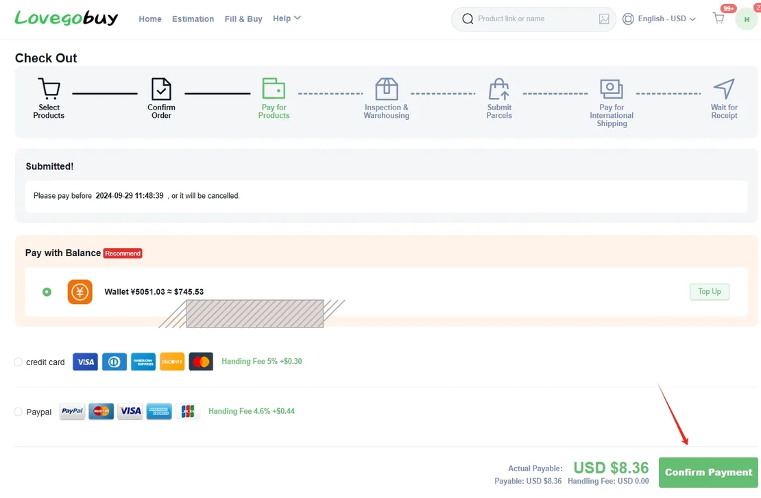 Check Out page for the international shipping payment showing a pay-before deadline, a balance row with a redacted wallet figure, card and PayPal rows with handling fees, an actual payable amount and a Confirm Payment button
