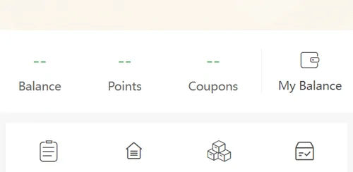 Mobile account header with balance, points and coupon fields showing dashes before sign-in, and a row of order shortcuts beneath