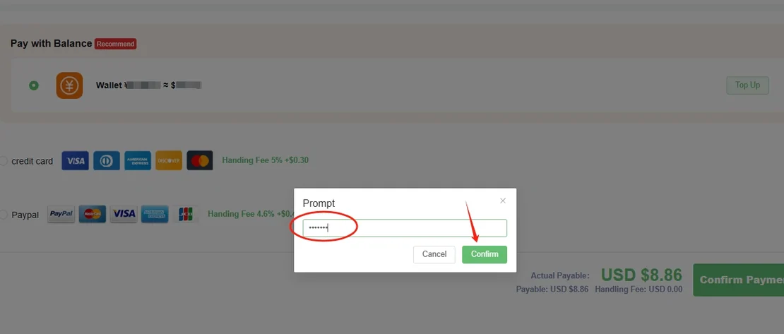 Checkout screen with a prompt dialog asking for a payment password, showing masked characters and cancel and confirm buttons