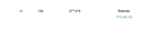 A warehouse cell showing a Refunds counter reading 119 hours 46 minutes 48 seconds beside the item's quantity, weight and volume