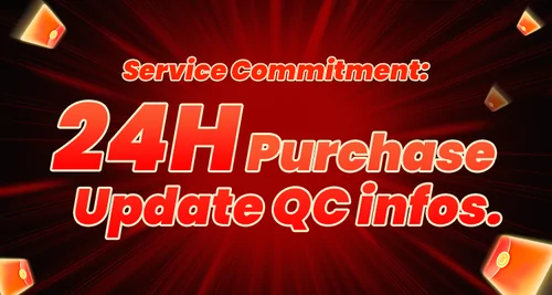 Red banner reading Service Commitment, 24H Purchase, Update QC infos
