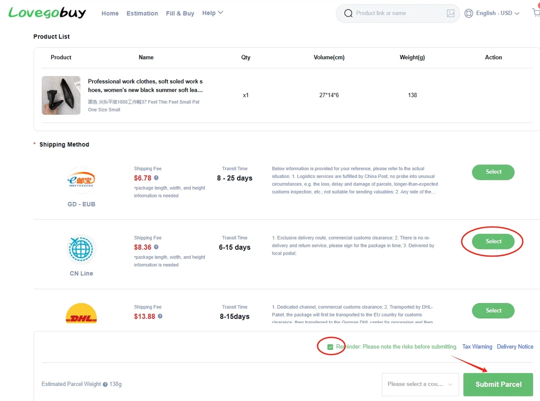 Full shipping method picker with three carrier options, each showing a logo, a shipping fee, a transit time, a restriction paragraph and a Select button, above a risk reminder and a Submit Parcel button