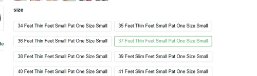 Six size buttons under the label size, each reading a long phrase such as 37 Feet Thin Feet Small Pat, with one button highlighted