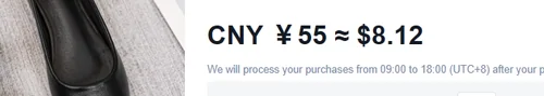 Product page heading showing a price of 55 CNY converted to 8.12 dollars above a note reading we will process your purchases from 09:00 to 18:00 UTC+8 after your payment